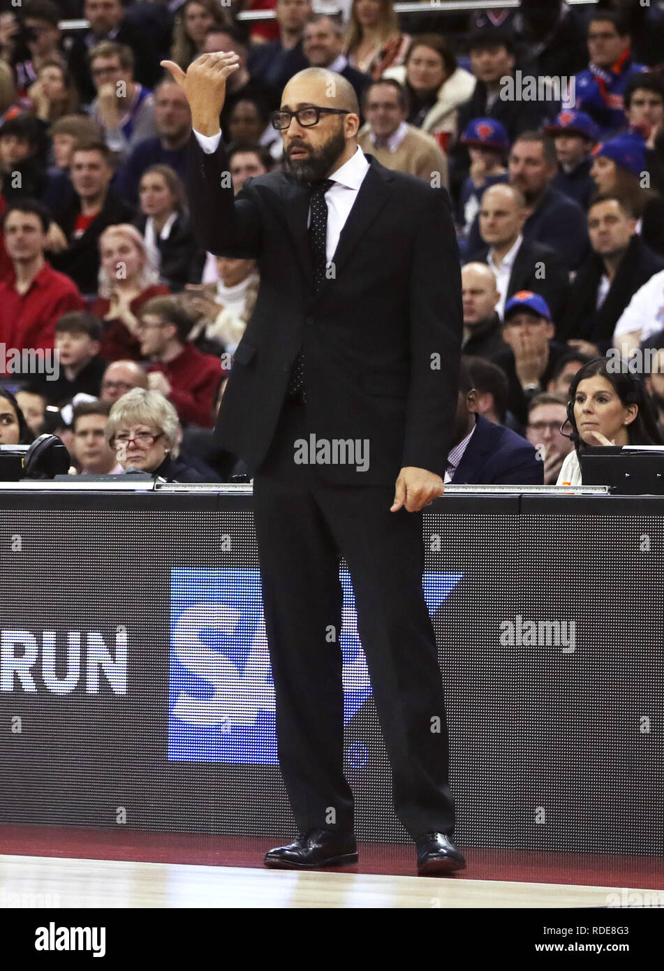 New York Knicks head coach David Fizdale during the NBA London Game 2019 at the O2 Arena, London. Stock Photo