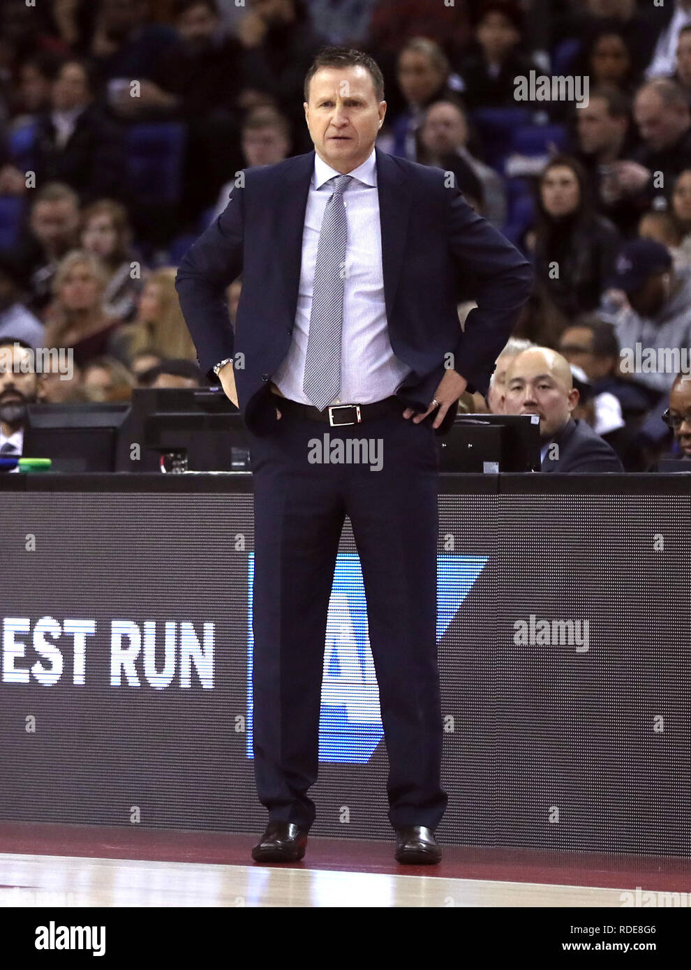 Washington Wizards head coach Scott Brooks during the NBA London Game 2019 at the O2 Arena, London. Stock Photo