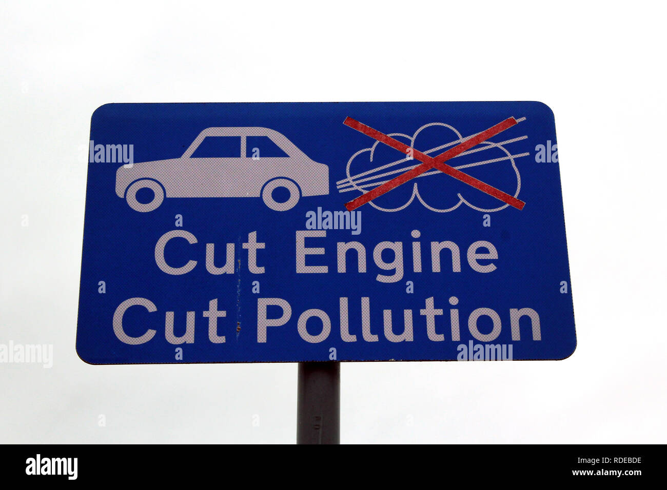 Cut engine car pollution traffic sign, UK Stock Photo
