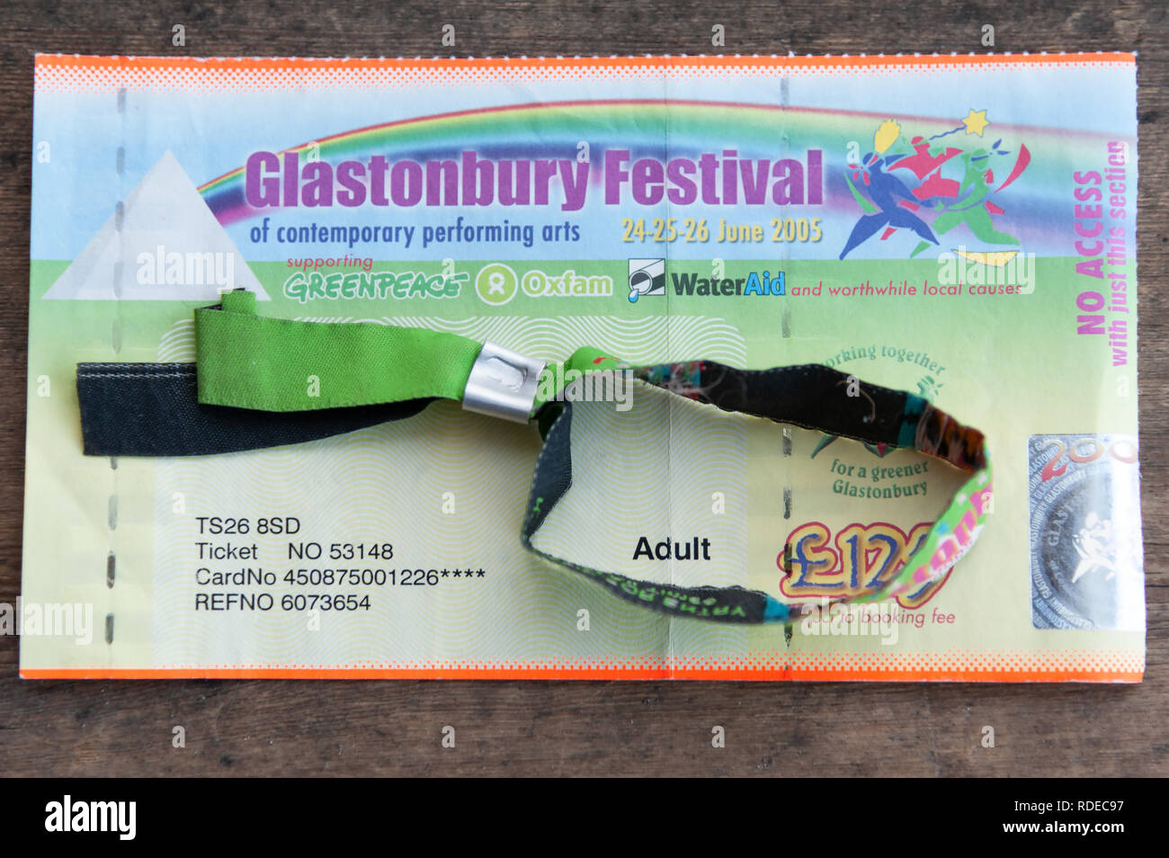 Used Glastonbury ticket and wrist band from Glastonbury Festival 2005. Stock Photo
