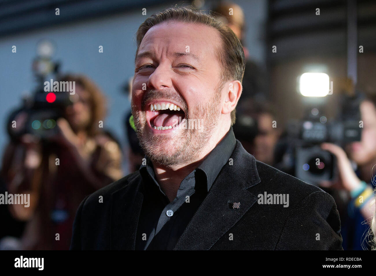 Ricky Gervais at a screening of Muppets Most Wanted at the Curzon Mayfair in London. 24 March 2014. Stock Photo