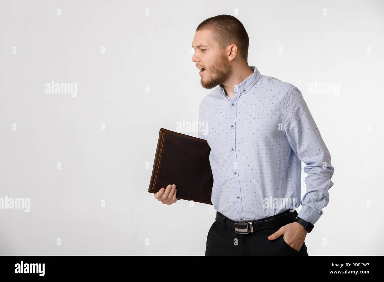 businessman with leather case on white background Stock Photo