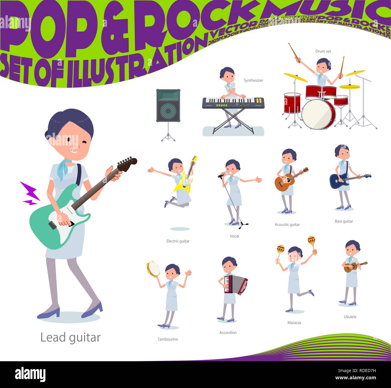 A set of Business women playing rock 'n' roll and pop music.There are also various instruments such as ukulele and tambourine.It's vector art so it's  Stock Vector