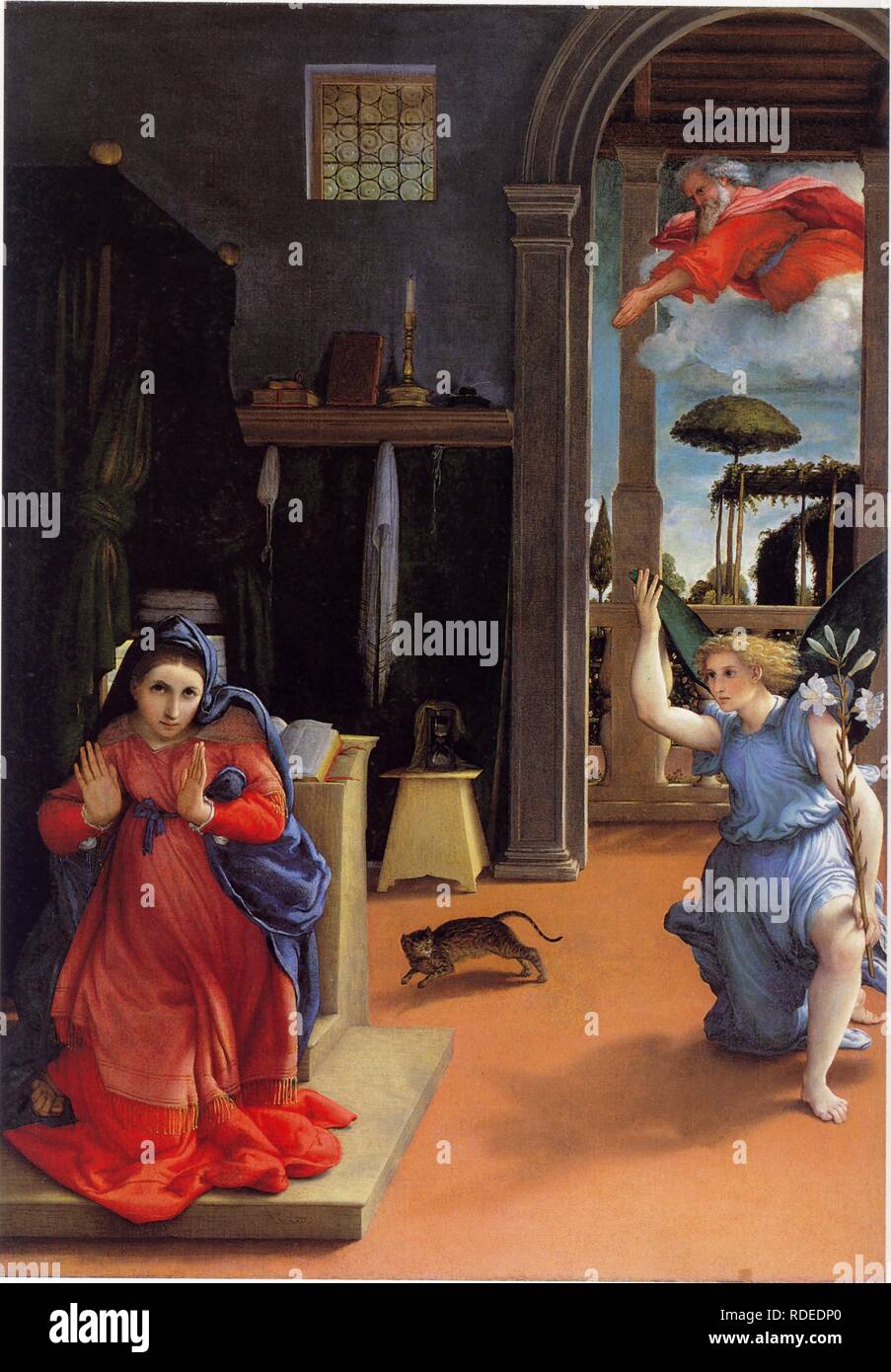 The Annunciation. Museum Museo civico Villa Colloredo Mels, Recanati. Author LOTTO, LORENZO The Annunciation. Museum Museo civico Villa Colloredo Mels, Recanati. Author LOTTO, LORENZO