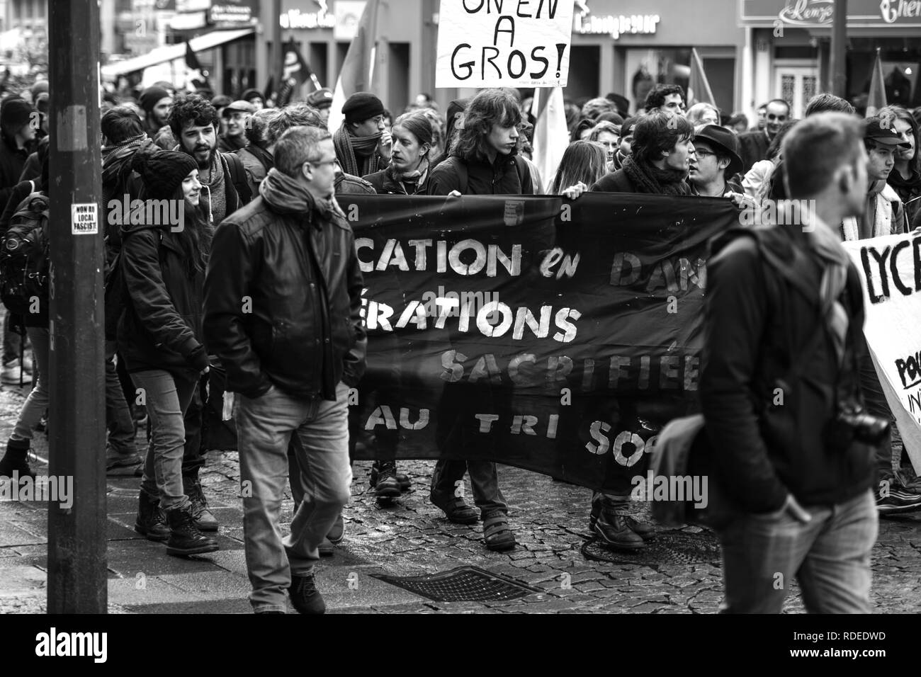 STRASBOURG, FRANCE  - MAR 22, 2018: demonstration protest against Macron French government string of reforms, mutiple trade unions called public workers to strike - black and white   Stock Photo