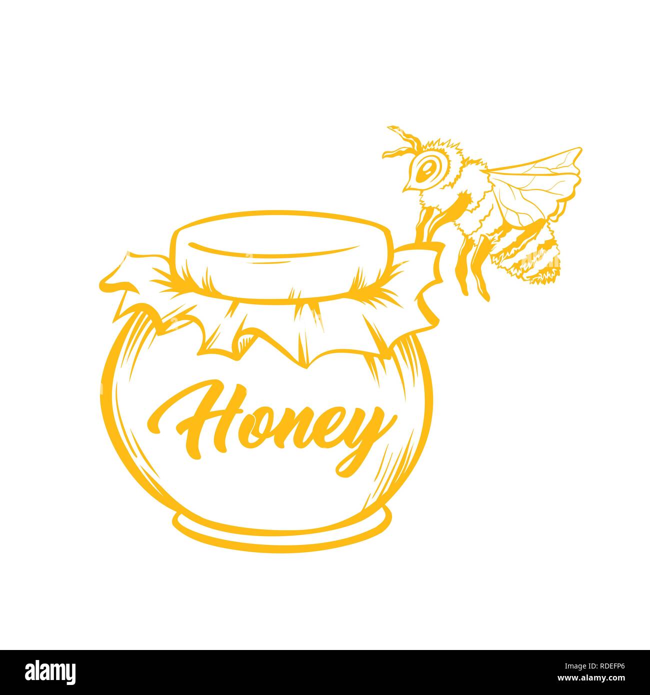 Honey Bee, Outline Logo Design. Isolated Vector. Yellow Engraved Element. Vintage Style Illustration of Flying Wasp Stock Vector