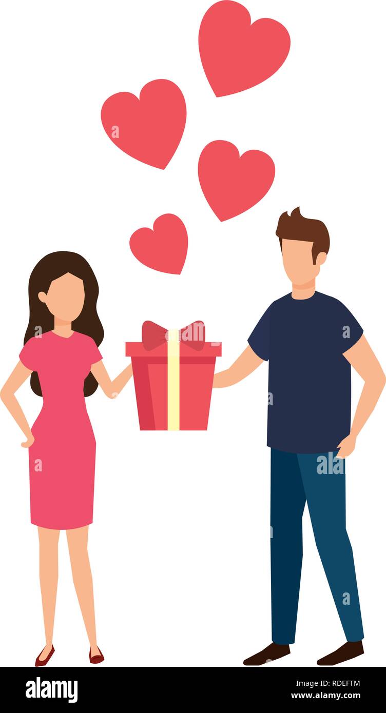 lovers couple with hearts floating and gift Stock Vector Image & Art ...