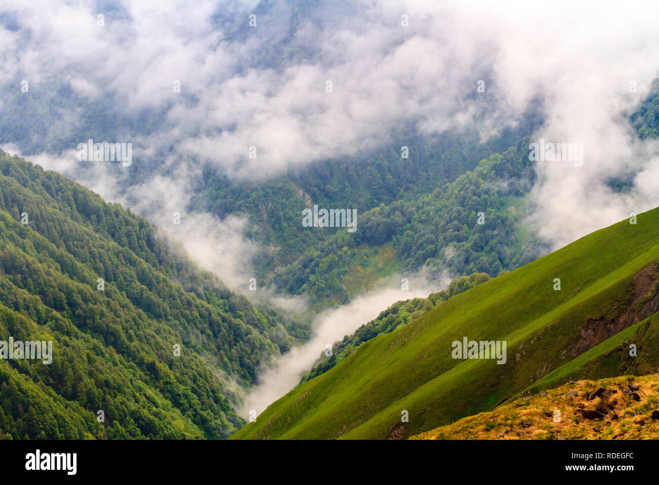 Dangerous mountain pass Abano (2926 m) in Georgia, Tusheti on the morning mist. Stock Photo