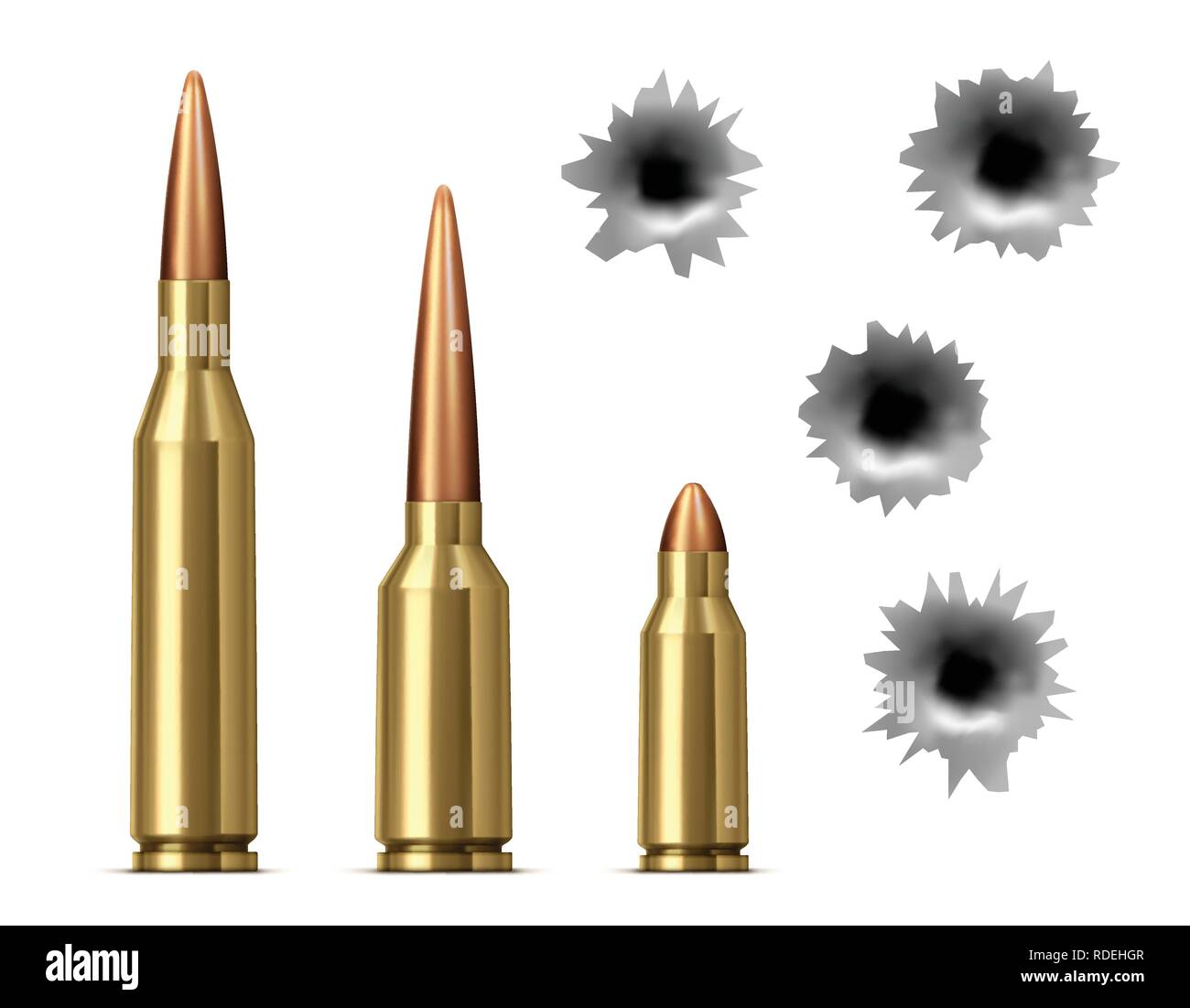 Bullets and bullet holes isolated on white background. Realistic vector illustration Stock Vector