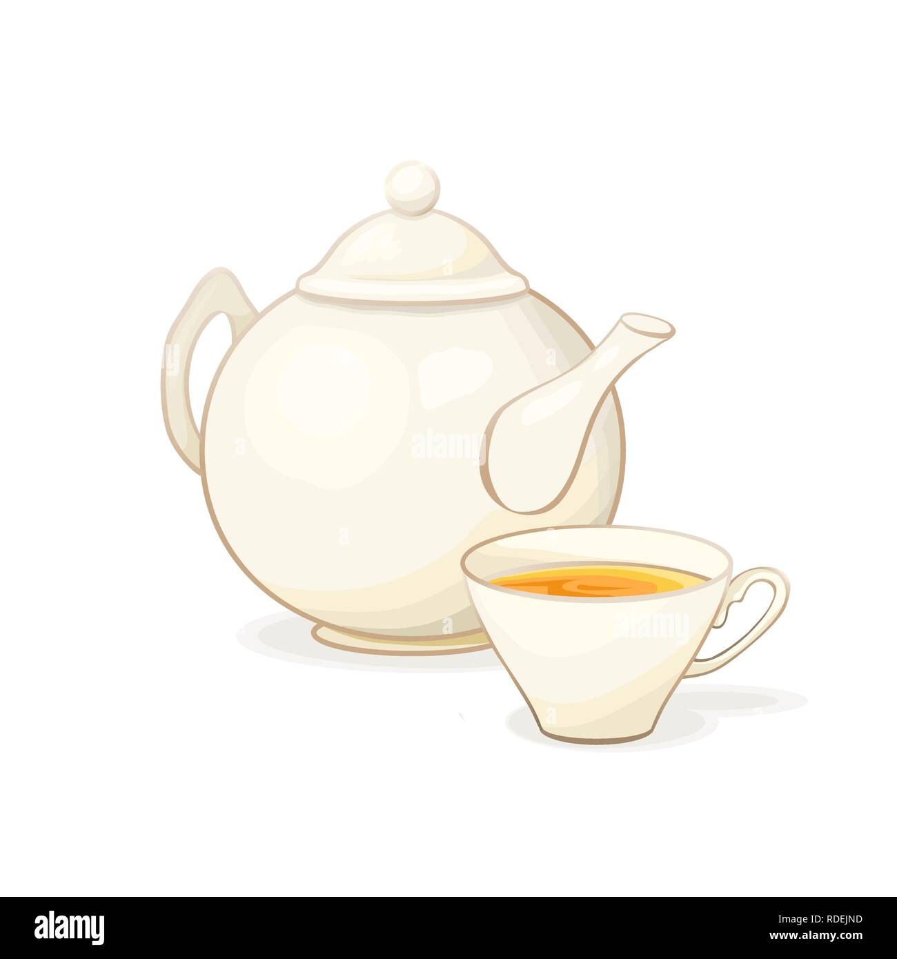 Porcelain or Ceramic Teapot Service. Black or Green Tea in Tea Cup. Isolated and Detailed Kitchen Dishes Vector Illustration. Kitchenware or Utensil Banner Design, Restaurant Menu, English Breakfast. Stock Vector