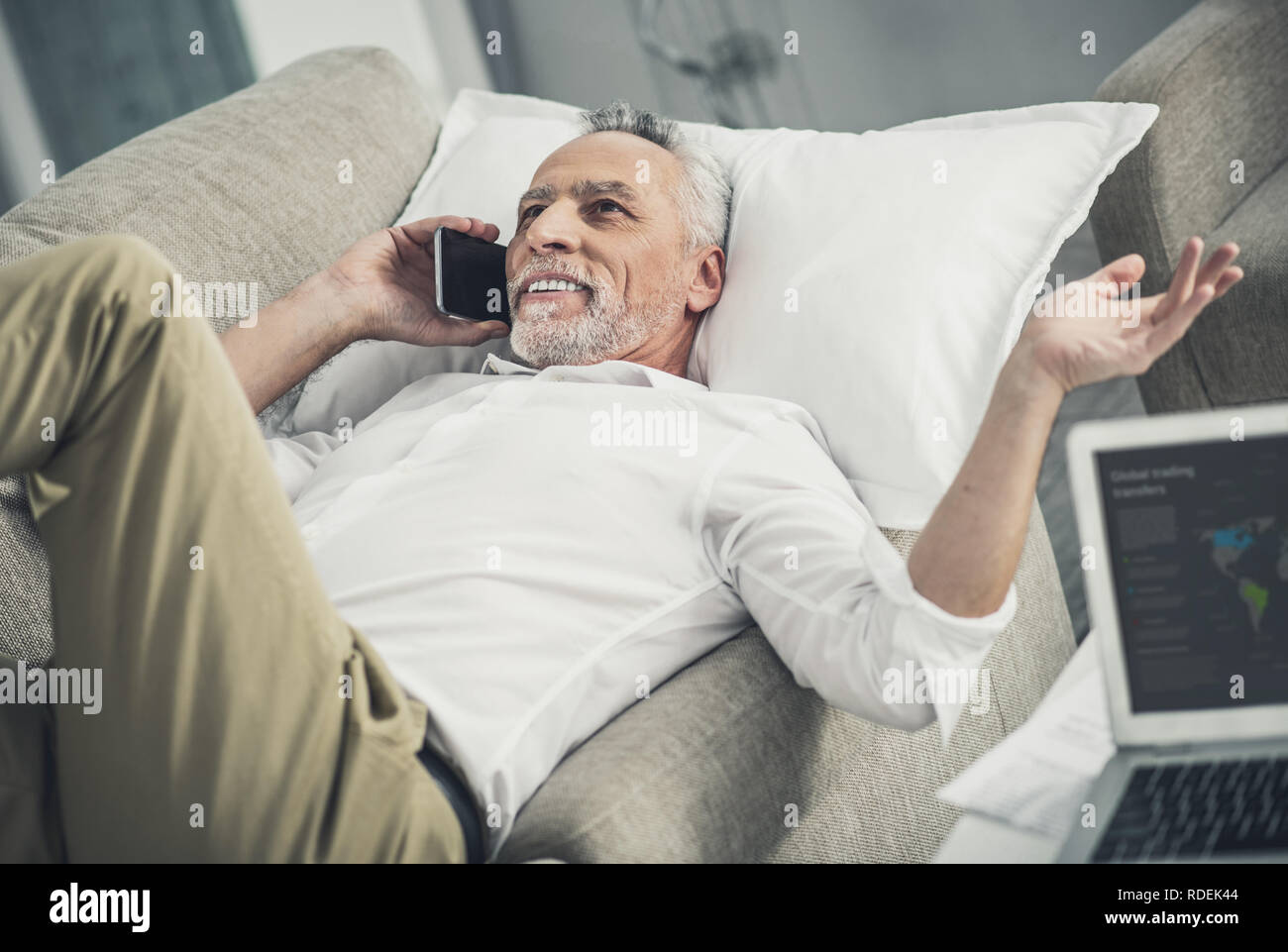 Remote business analyst talking with his partner by phone Stock Photo