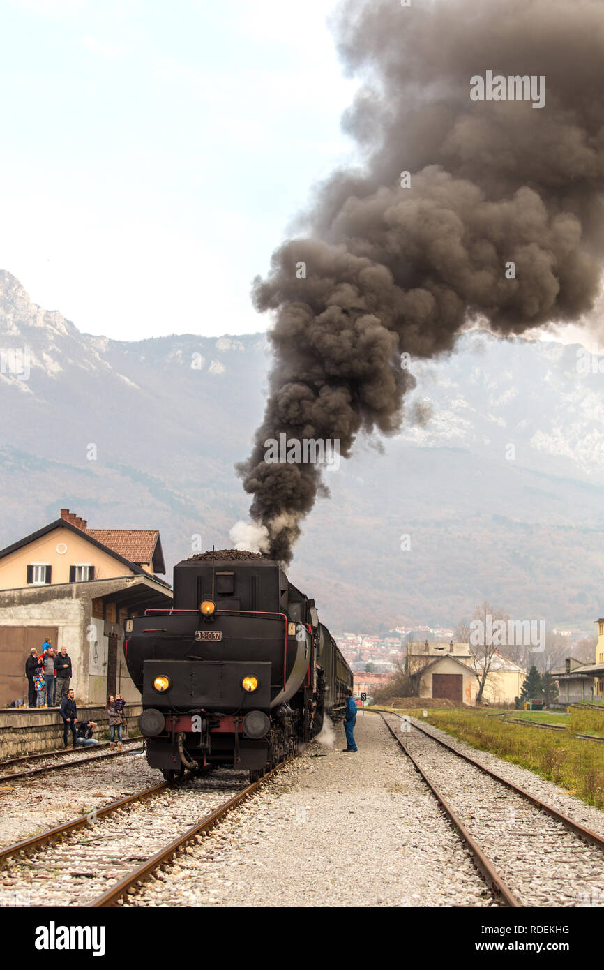 Old steam train - locomotive at the train station of  Nova Gorica Stock Photo