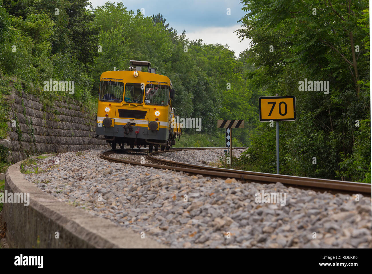Draisine is a light auxiliary rail vehicle, equipped to transport crew and material necessary for the maintenance of railway infrastructure. Stock Photo