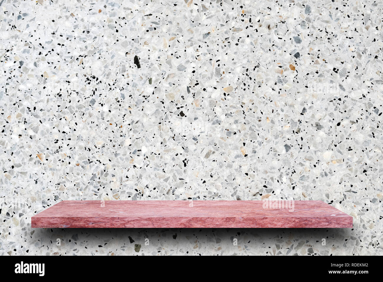 Empty Top Of Pink Marble Stone Shelves On Terrazzo Wall Background