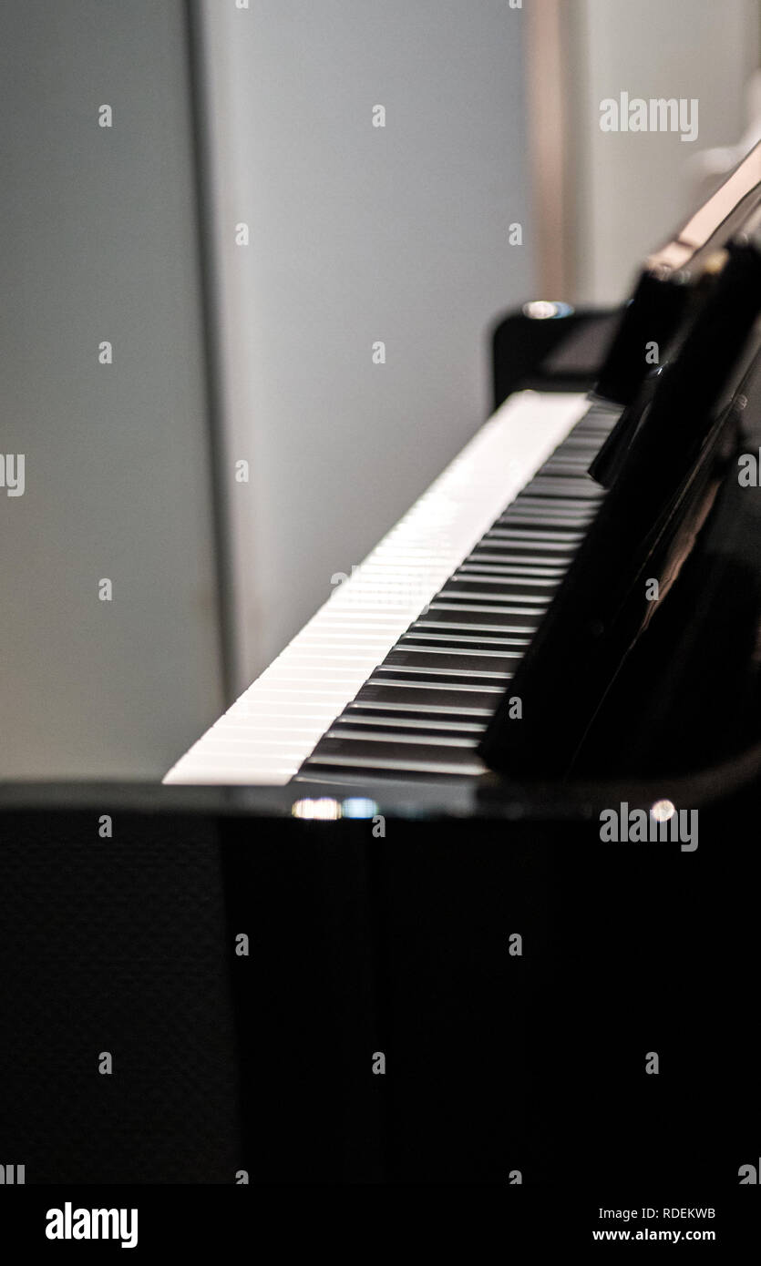 Side view of luxury piano keyboard in shop musical instrument store