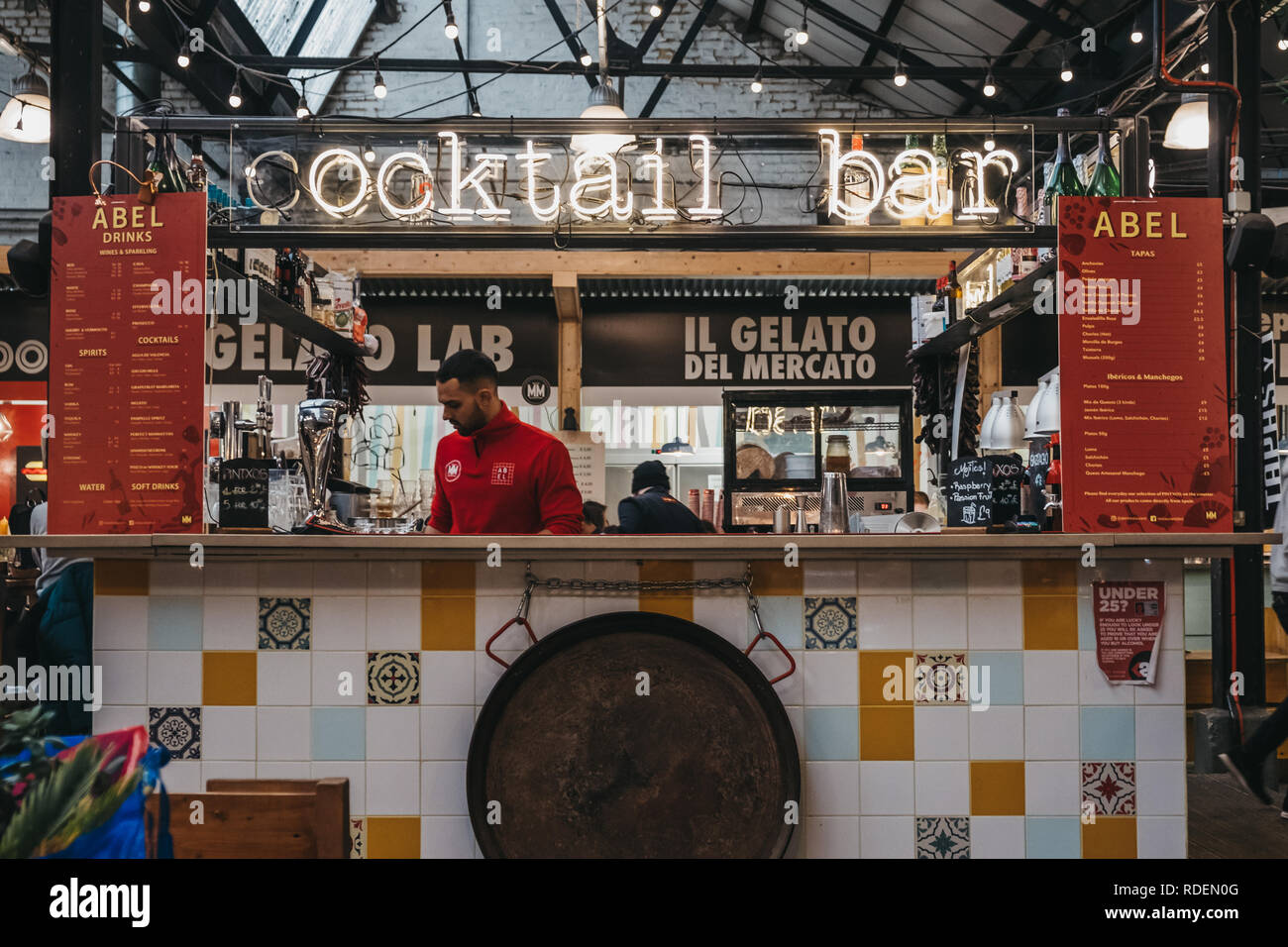 London, UK - January 13, 2019: Cocktail Bar in Mercato Metropolitano, the first sustainable community market in London focused on revitalising the nei Stock Photo
