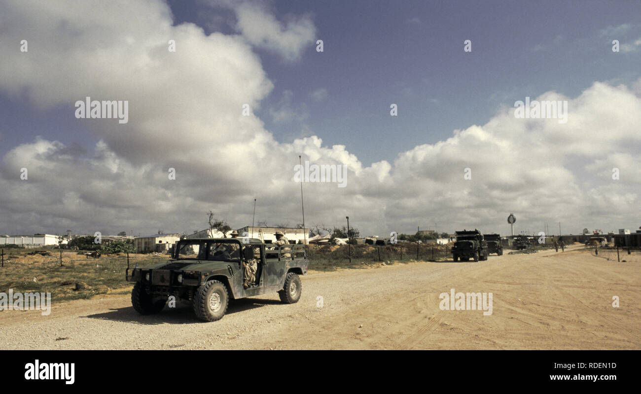 12th October 1993 U.S. Army Humvees and trucks inside the UNOSOM headquarters compound in Mogadishu, Somalia. Stock Photo