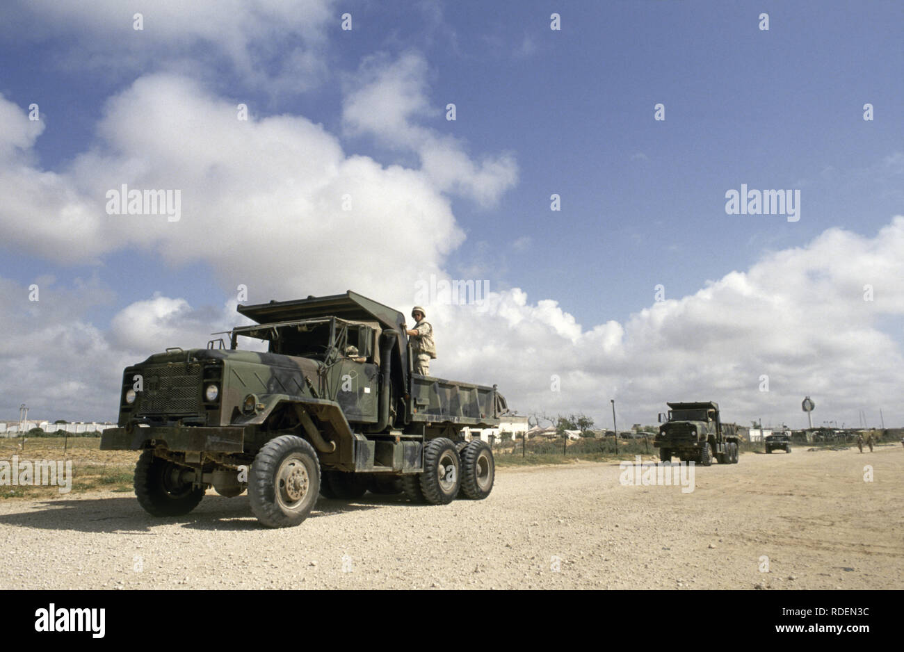12th October 1993 U.S. Army M35 trucks inside the UNOSOM headquarters compound in Mogadishu, Somalia. Stock Photo