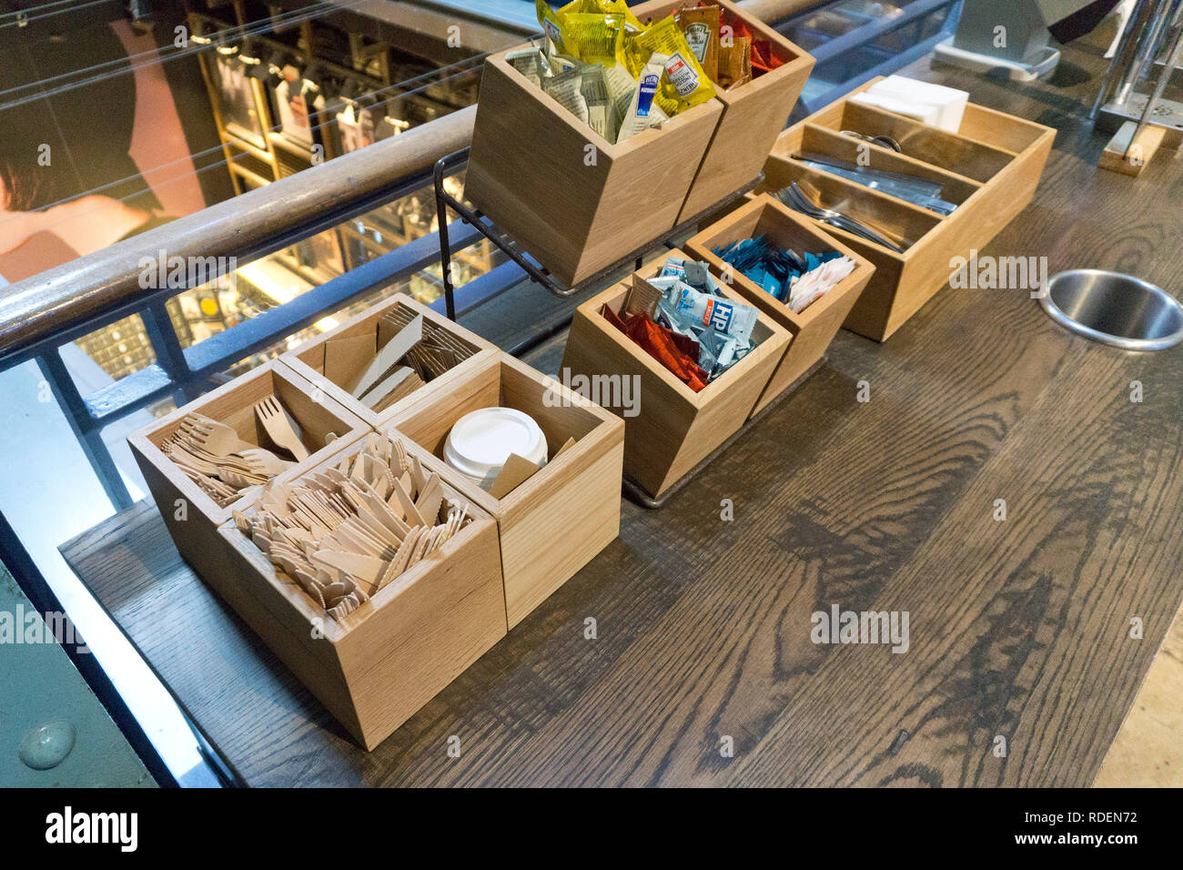 Plastic and wooden utensils in the coffee shop at the Guinness