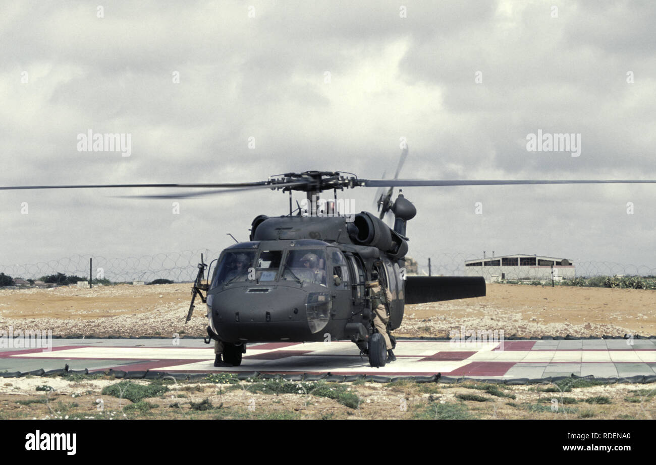 12th October 1993 A U.S. Army Sikorsky UH-60 Black Hawk helicopter inside the UNOSOM headquarters compound in Mogadishu, Somalia. Stock Photo