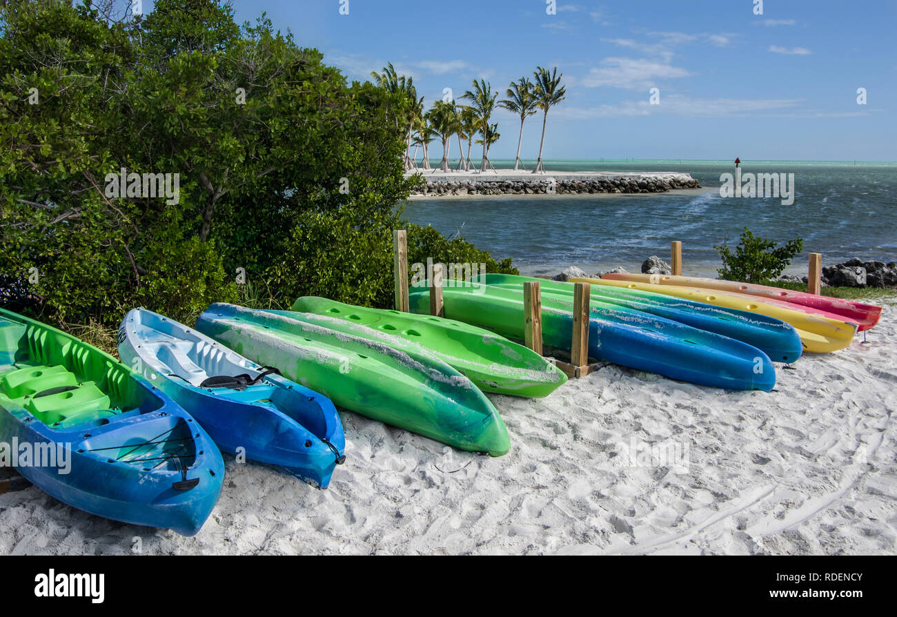 Kayaks on a Florida Beach:  A row of rental kayaks lines the shore of an ocean inlet at a park in the Florida Keys. Stock Photo