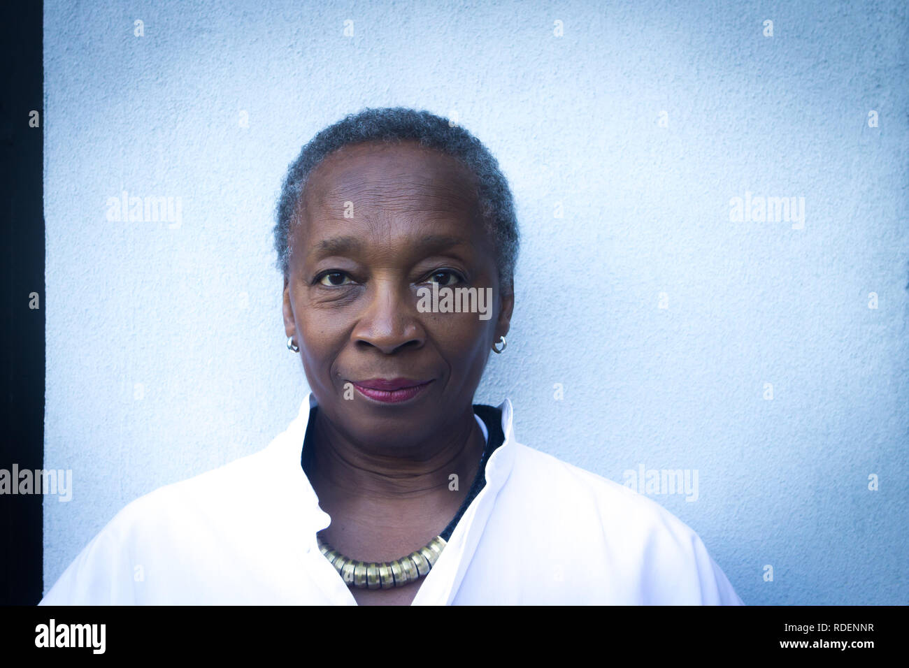 Close up of black mature woman outside Stock Photo