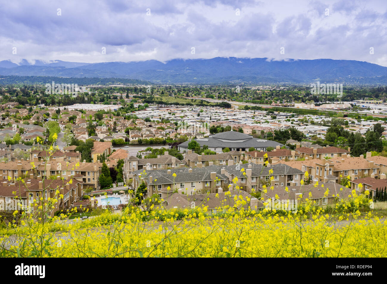 Aerial view of residential neighborhood on a cloudy day, San Jose, California Stock Photo