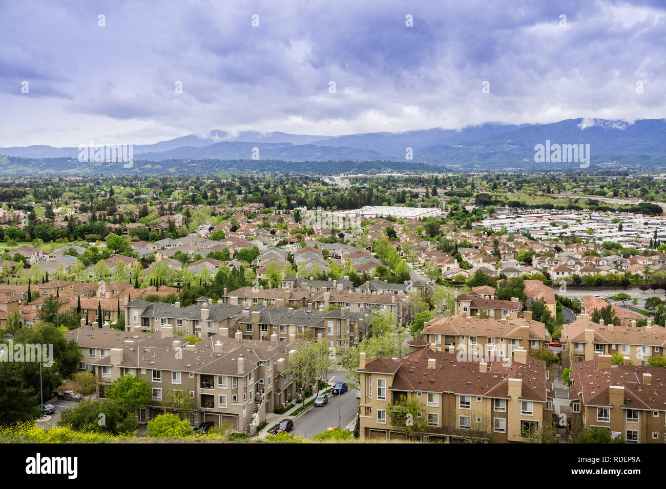 Aerial view of residential neighborhood on a cloudy day, San Jose, California Stock Photo