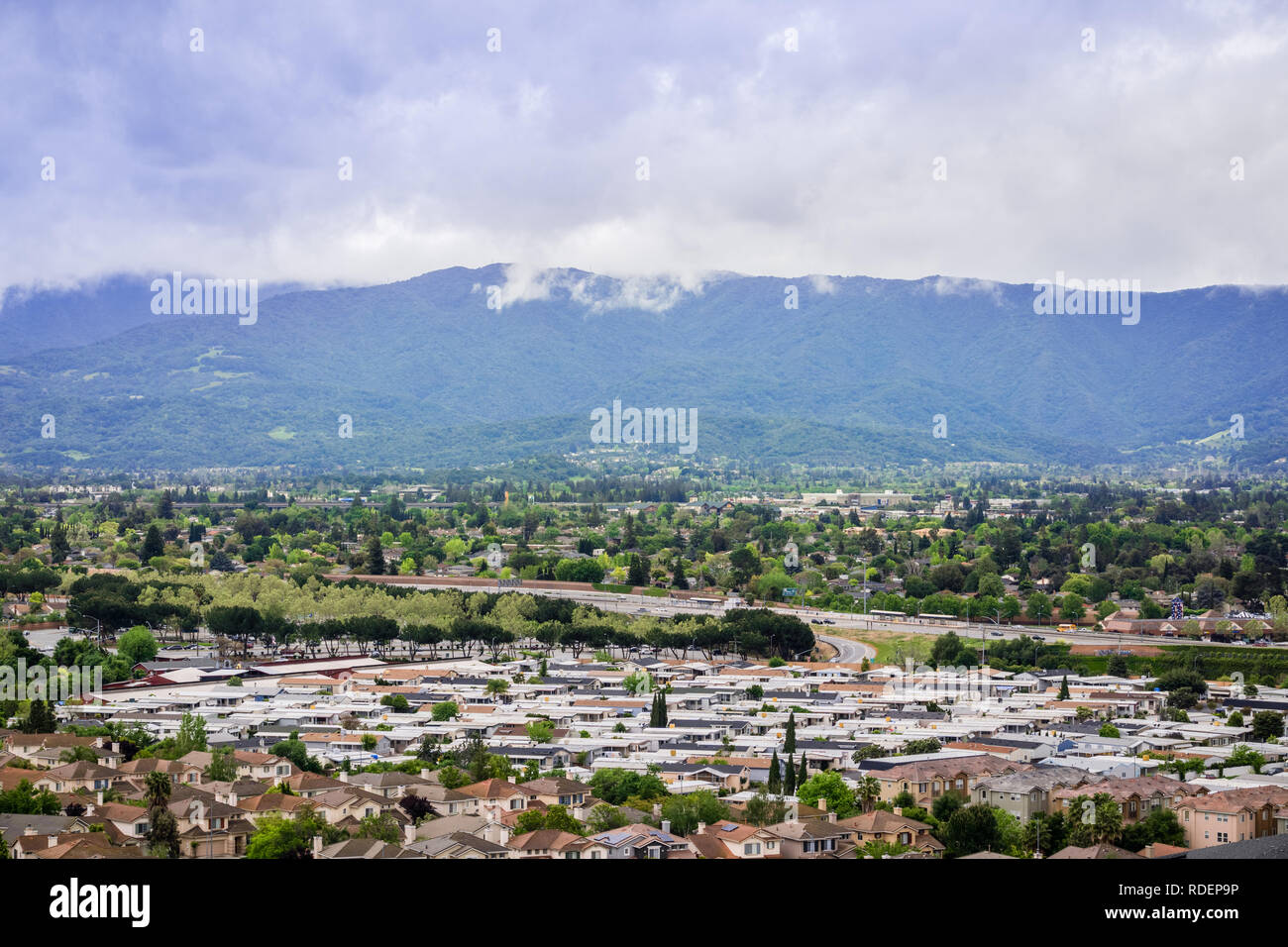 Aerial view of residential neighborhood on a cloudy day, San Jose, California Stock Photo
