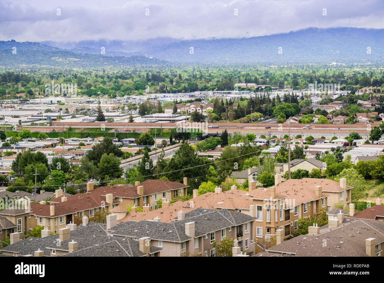 Aerial view of residential neighborhood on a cloudy day, San Jose, California Stock Photo