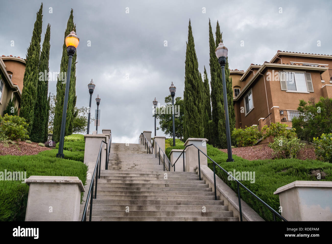Grand Staircase on cloudy and rainy day, Communications Hill, San Jose, California Stock Photo