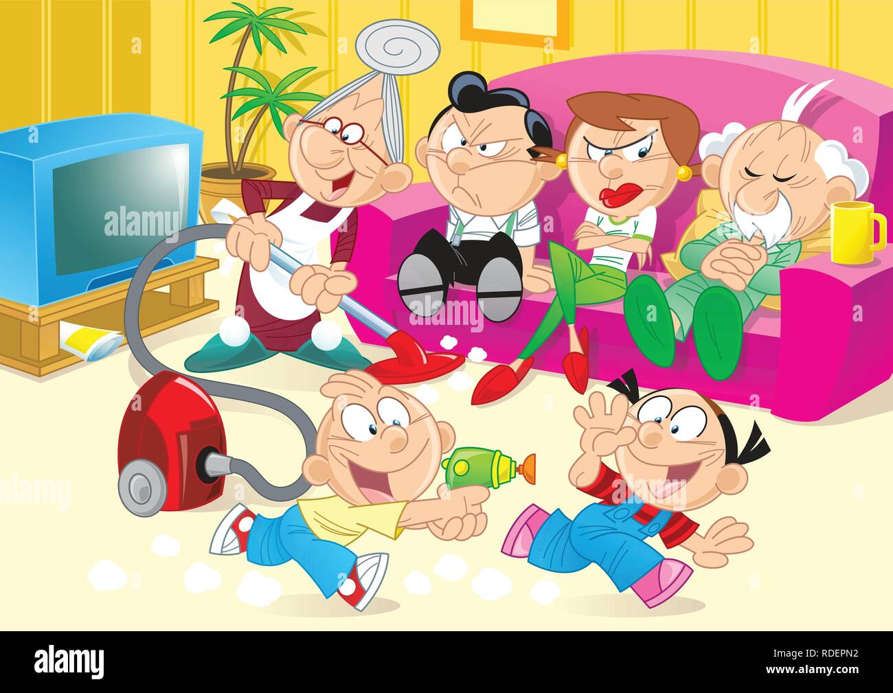 The illustration shows the recreation of the family with parents and children. The family is in the room where the children play, adults watching TV Stock Vector