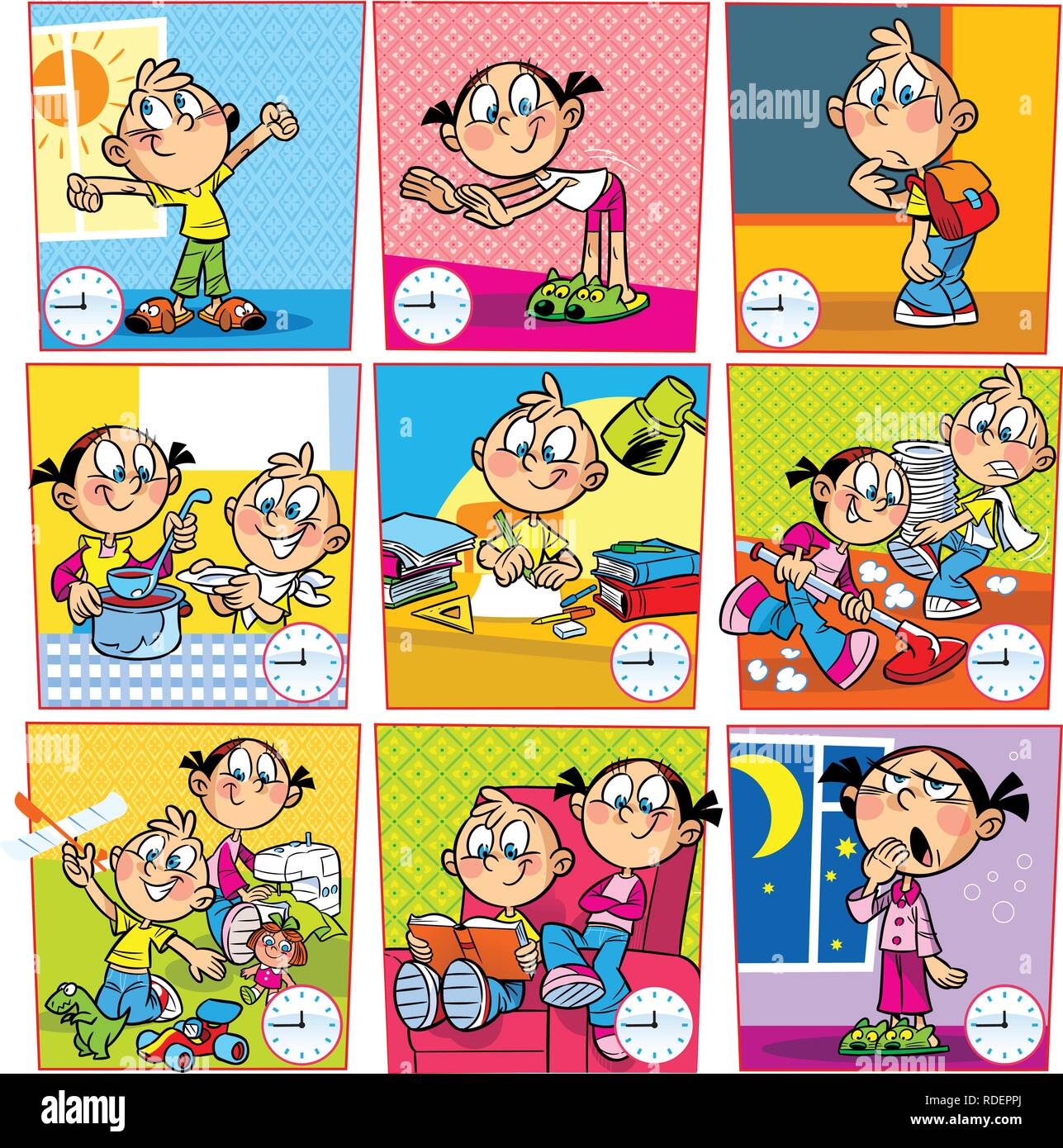 The illustration shows the mode of the day for school children. Children wake up in the morning, doing exercises, engaged in school, they do eat. Then Stock Vector