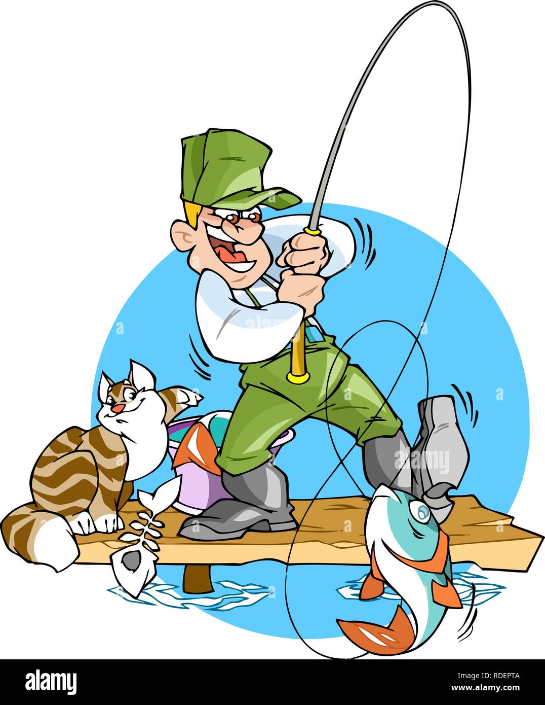 The vector illustration shows a man who is fishing for fishing. Near his cat steals a fish. The illustration is made in cartoon style. Stock Vector
