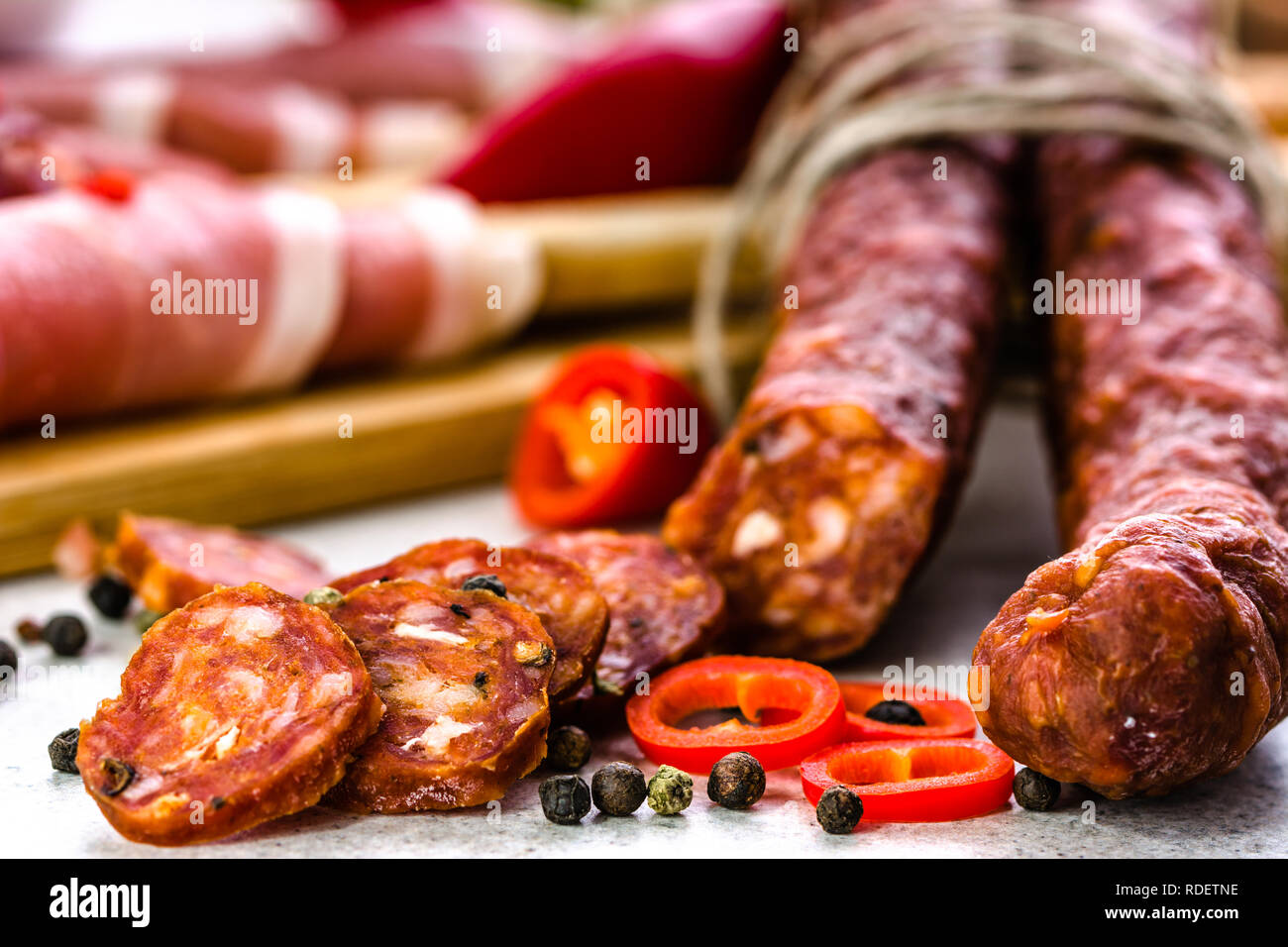 Food from spain, chorizo sausage slices or salami pepperoni