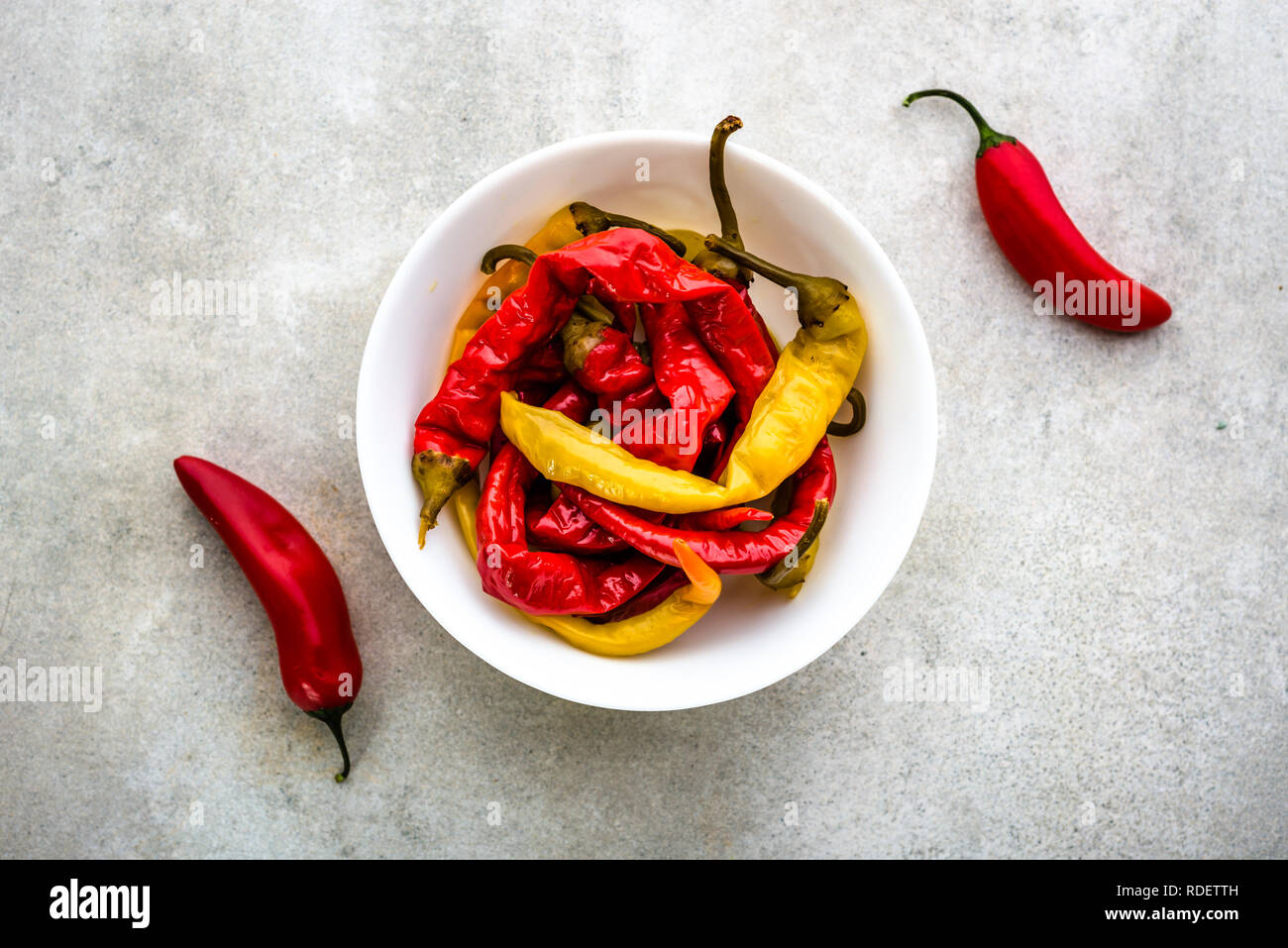 Hot pickled chili pepper, spanish tapas, traditional food from spain