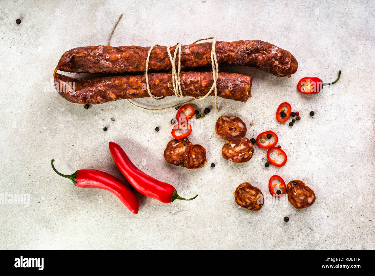 Food from spain, chorizo sausage slices or salami pepperoni