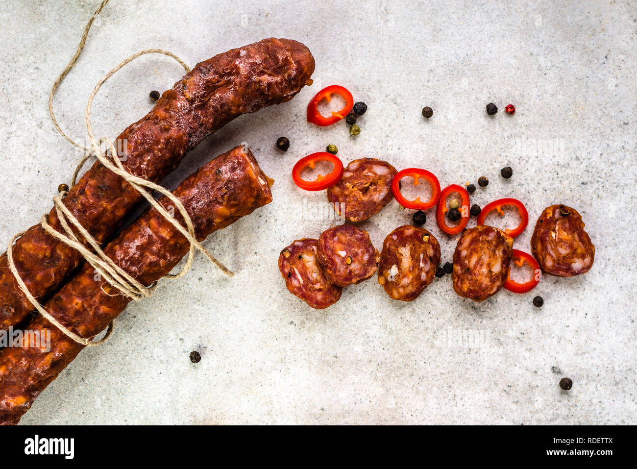 Food from spain, chorizo sausage slices or salami pepperoni