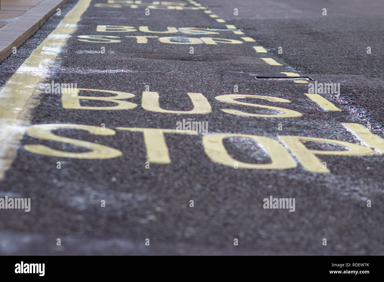 Road signals bus stop yellow word written on asphalt Stock Photo