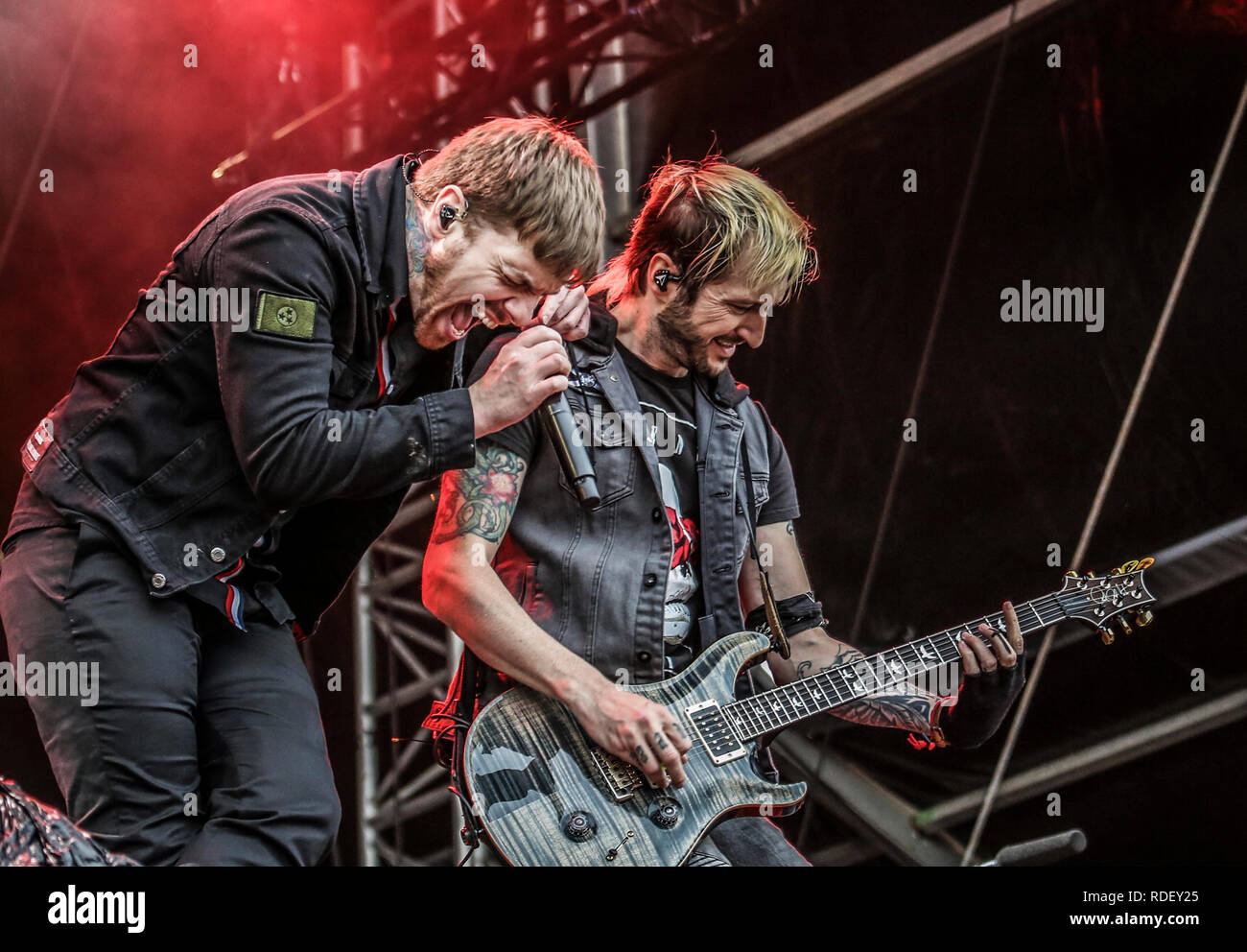Austria, Nickelsdorf - June 14, 2018. The American hard rock band Shinedown performs a live concert during the Austrian music festival Nova Rock Festival 2018. Here vocalist Brent Smith is seen live on stage. (Photo credit: Gonzales Photo - Synne Nilsson). Stock Photo