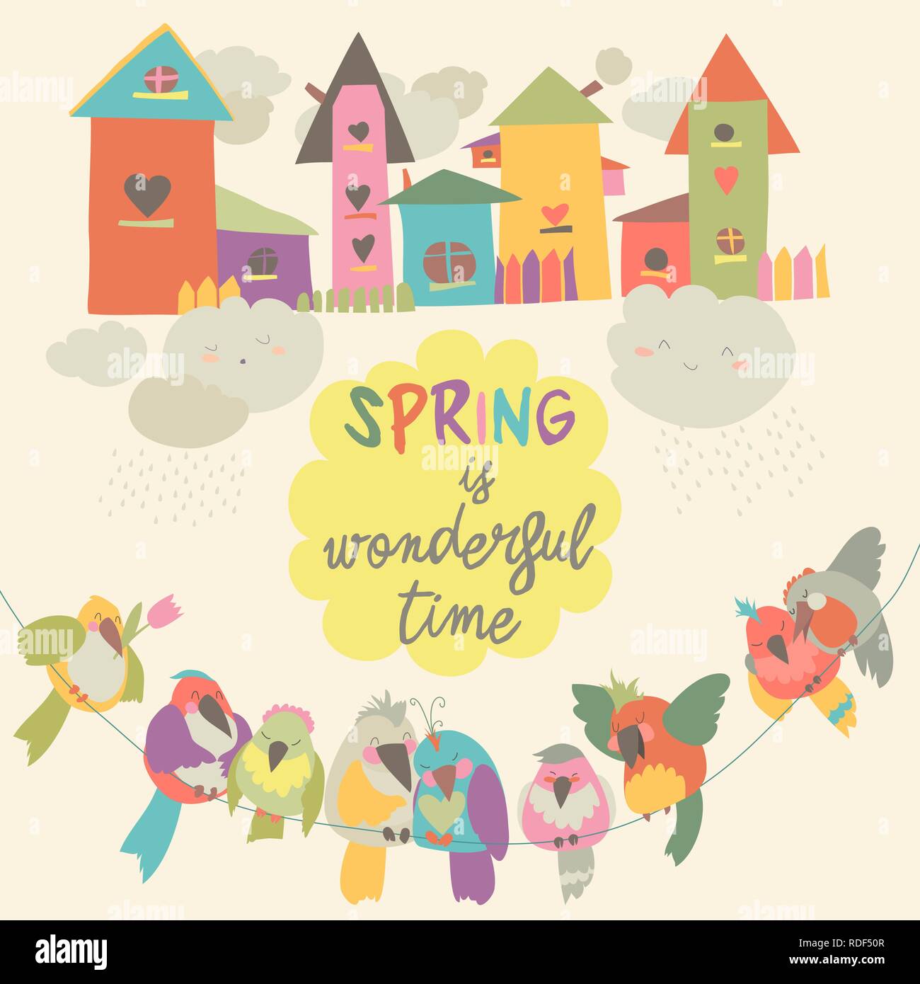 Cute colorful birds and birdhouses in spring Stock Vector