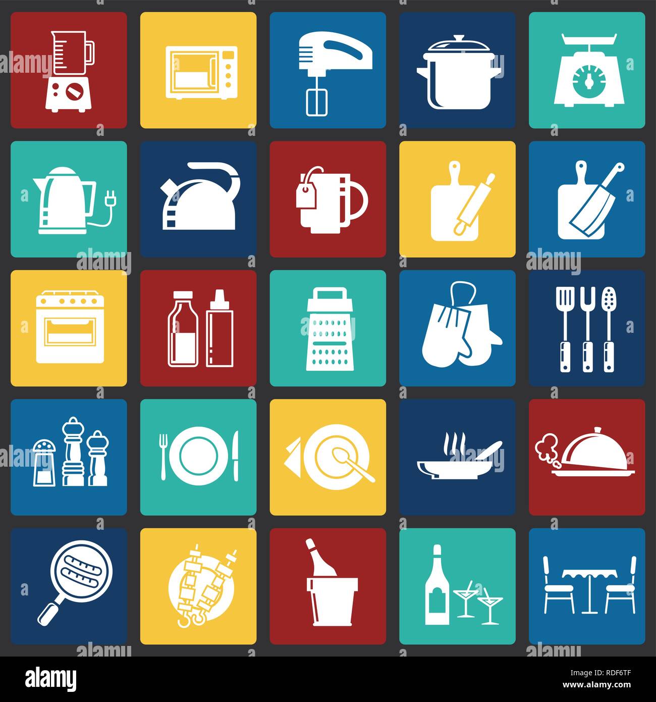 Kitchen icons set on color squares background for graphic and web ...