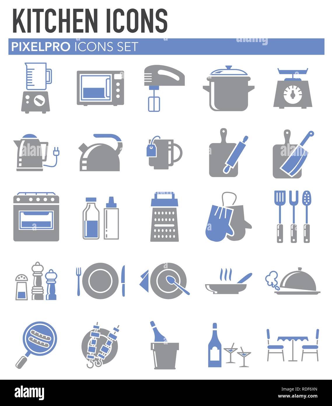 Kitchen grey blue icons set on white background for graphic and web ...