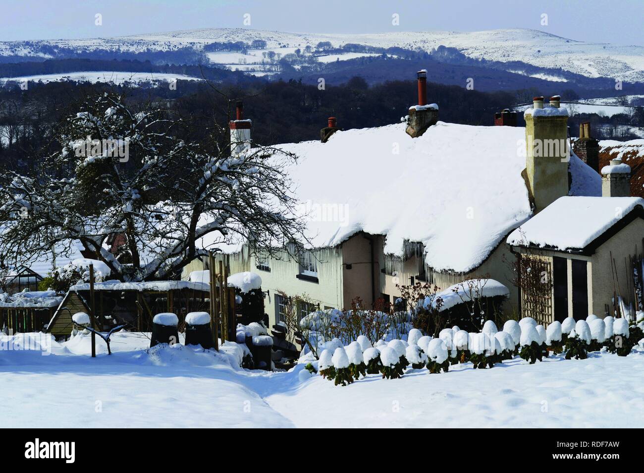 Lovely thatched cottages in Devon. After heavy snow, with Dartmoor in the distance. Taken in March 2018. Stock Photo