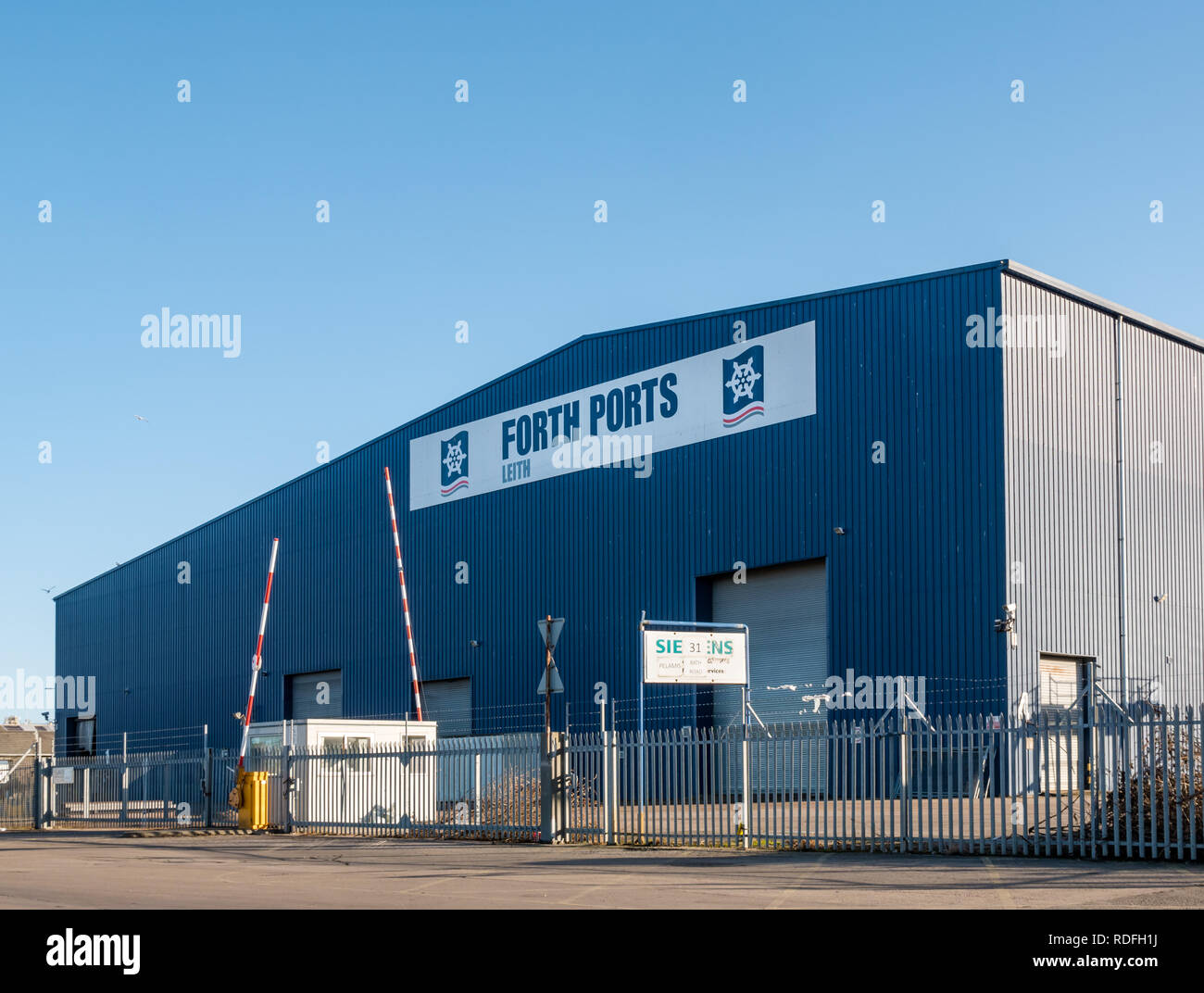 The Big Blue Shed, Forth Ports, due to become First Stage Studios film studio, Leith Docks, Edinburgh, Scotland, UK Stock Photo