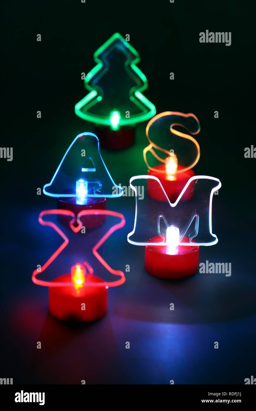 Lighted Christmas decorations, LED lighting, lettering 'XMAS' Stock Photo