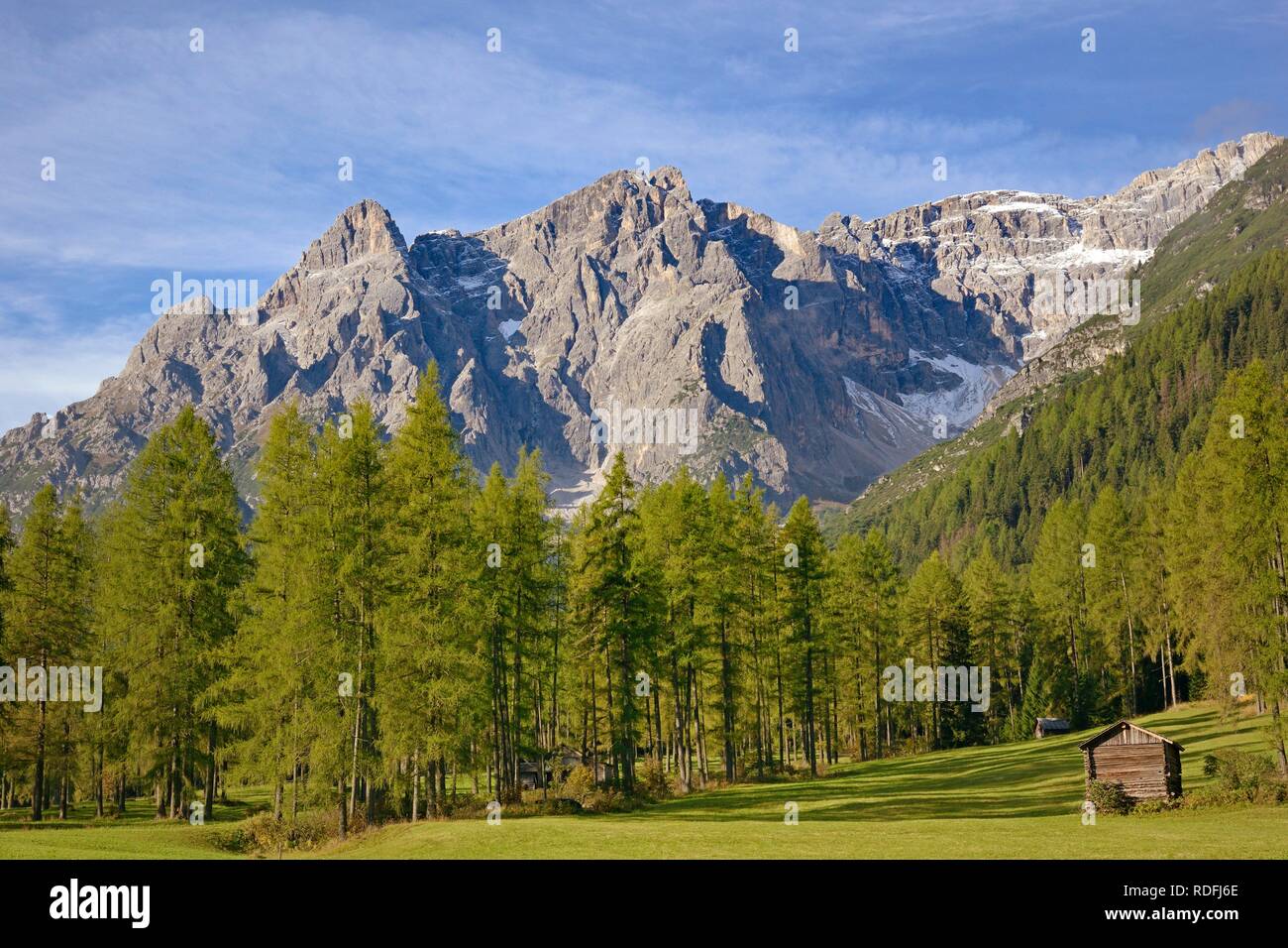 Fischleintal, haystacks on the mountain meadows, mountain forest and mountain range, Sexten Dolomites, South Tyrol, Italy Stock Photo