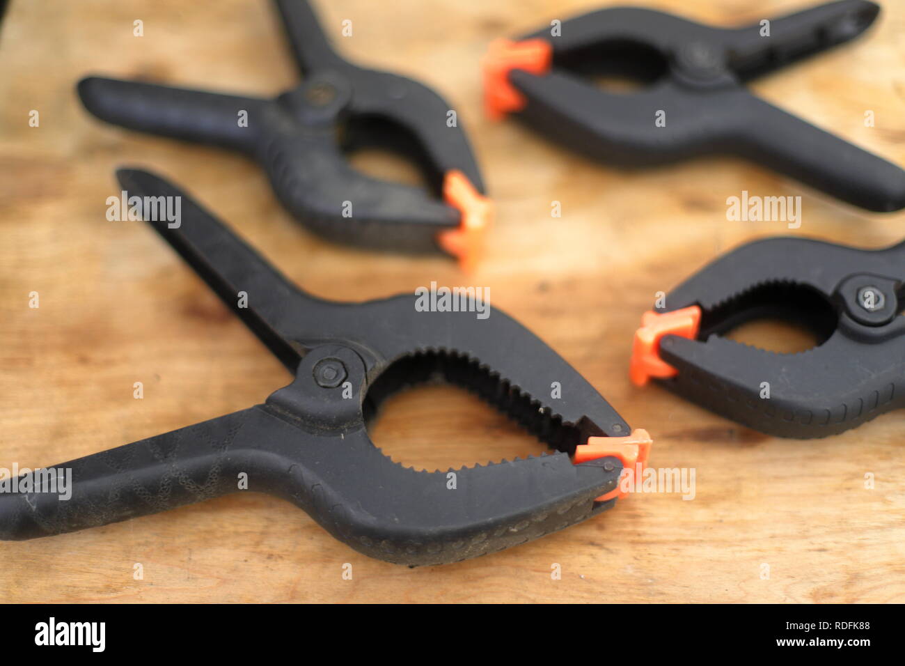 Clamps on workbench for repairing items and doing woodwork Stock Photo