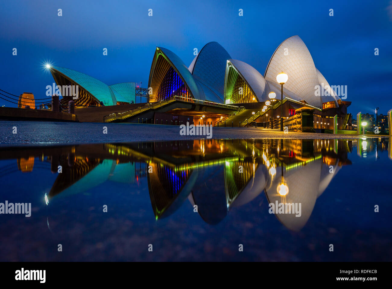 Sydney, Australia - January 6, 2019: mirror image of sydney opera house after a heavy rain in australia. this building is one of the world's most inst Stock Photo