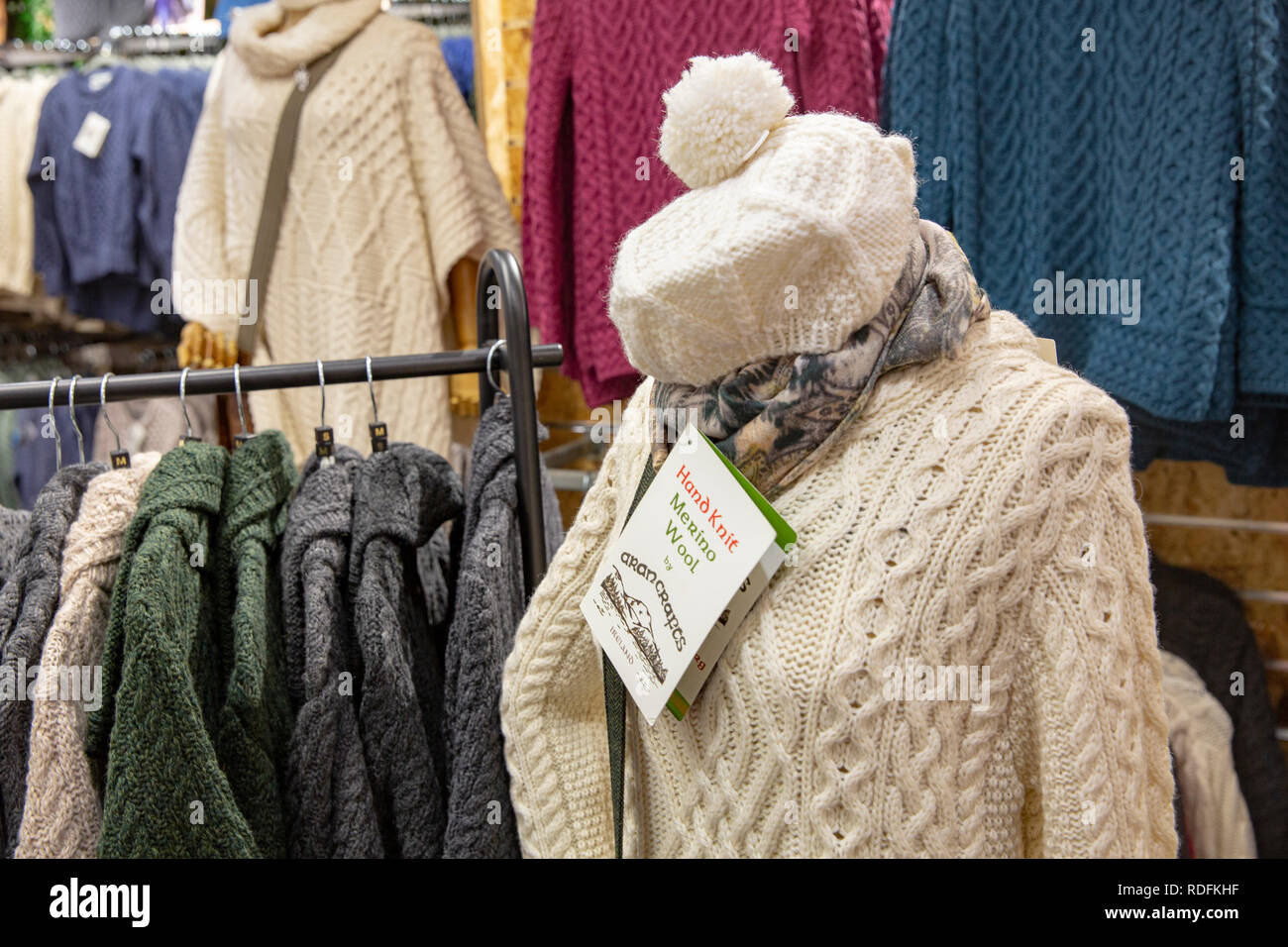 Aran sweaters jumpers on sale in a store in Edinburgh,Scotland,UK Stock Photo